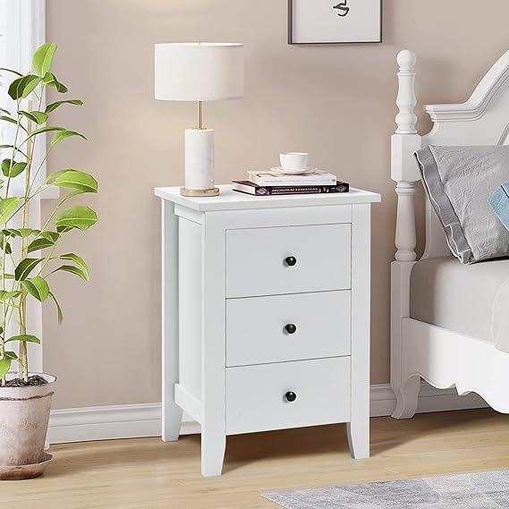 Image of SHIKHA WOOD CRAFT Sheesham Wood Bedside Table with 3 Drawers Storage | Wooden Multipurpose Nightstand End Table Furniture for Living Room, Bedroom, Hotel, Home and Office (White)