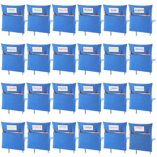 Sanwuta 48 Pack Classroom Chair Pockets - Student Chair Pockets Bulk with Name Tag for Kindergarten Classroom or Home School Seating Storage Supplies(19 x 17 Inch,Blue)