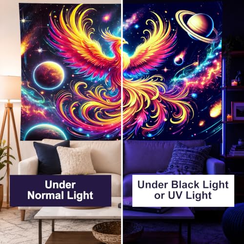 Image of BlissYard Phoenix Blacklight Tapestry 78x59 Inch Rainbow Rising UV Reactive Wall Hanging Cosmic Galaxy Scene Glow in Dark Backdrop Luminous Blacklight Tapestry Psychedelic Art