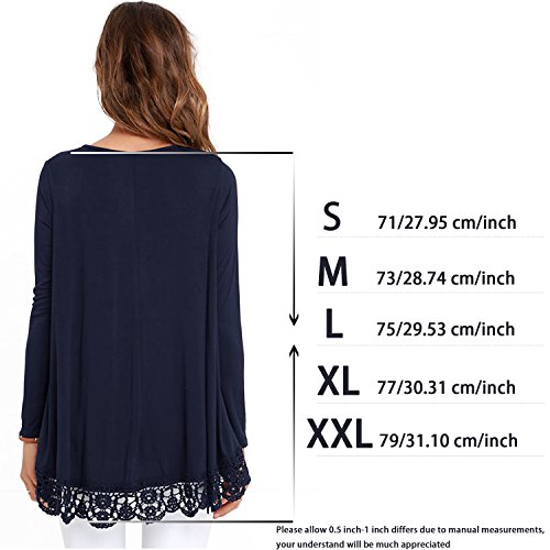 FISOUL Women's Tops Long Sleeve Lace Trim O-Neck A-Line Tunic Tops Large Navy Blue