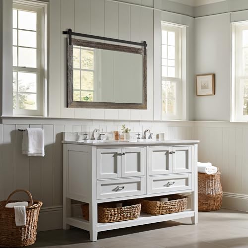 Image of COGOOD Farmhouse Barn Door Mirror - 41 inch x 26 inch Rustic Wood Framed Wall Mirror for Bathroom, Living Room, Entryway Wall Decor (Speckled White)
