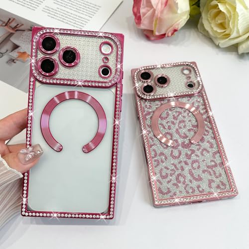Coque iPhone 17 Pro paillettes motif léopard rose vif compatible MagSafe - 5