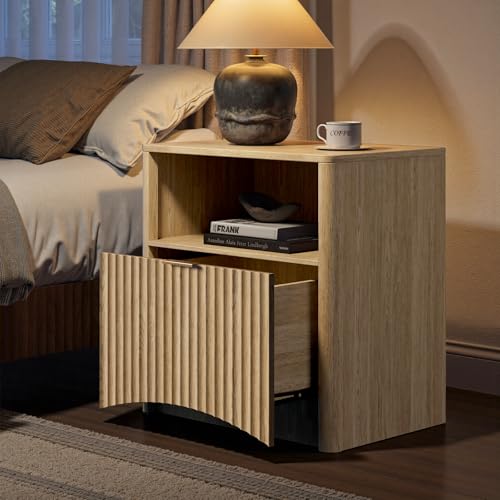 Image of Evermagin Fluted Nightstand Set of 2, Natural Oak Bedside Table with Drawer and Storage, Wood End Table Mid Century Modern, Large Night Stand for Bedroom