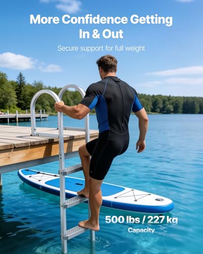 Image of VEVOR Removable Dock Ladder, 4 Steps, Aluminum Alloy Pontoon Boat Swim Ladder, with Non-Slip Wide PP Steps, 500 lbs Weight Capacity, Quick Release Design, for Lake Swimming, Pool, Marine Boarding