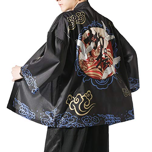 Image of Men's Japanese Kimono Robe Jacket Lightweight 3 /4 Sleeve Open Front Yukata | Silky Smooth Fashion Print Happi Coat Lightweight Breathable Loose Unisex Haori Casual Summer Cardigan Daily Beach Vacation