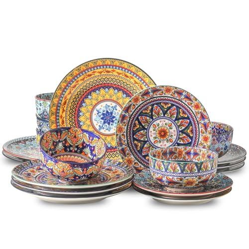 Image of HASENSE 18 Pieces Kitchen Dinnerware Sets Service for 6, Bohemian Style Plates and Bowls Set, Ceramic Vintage Tableware Dishes Set, Scratch Resistant Microwave and Dishwasher Safe, Assorted Color