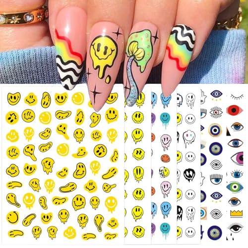 IDDFEVE 12 Sheets Abstract Smiling Face & Evil Eye Nail Art Stickers, Summer 3D Funny Dripping Melting Smile Self-Adhesive Designs Nail Decals