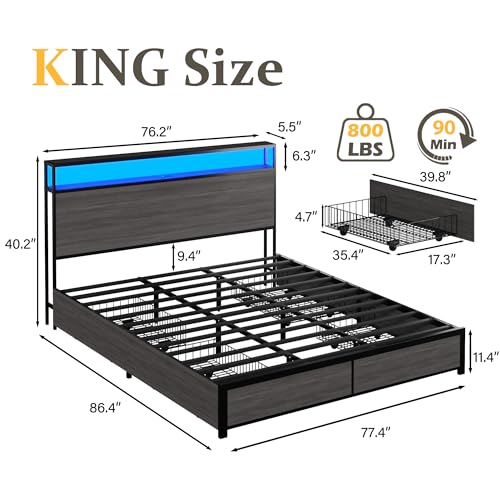 Image of Lifezone King Bed Frame with 2-Tier Storage Headboard, Metal Platform Bed Frame with 4 Storage Drawers, Built in Charging Station & LED, Noise-Free /Metal Support /No Box Spring Needed, Rustic Grey