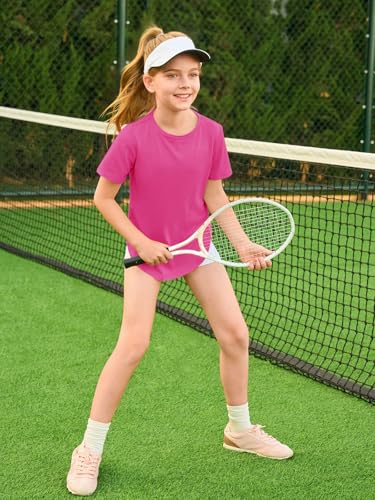 Image of Haloumoning Girls Summer Short Sleeve Shirt Kids Crewneck Curve Hem Soft Tunic Tops T-Shirts 5-14 Years