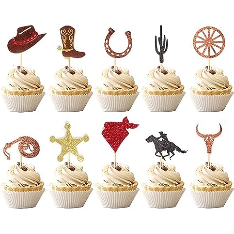 60PCS Cowboy Cupcake Toppers 10 Shape Glitter HorseShoe Cowboy Hats Boots Cupcake Picks Cover