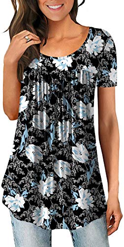 LONGYUAN Women s Casual Short Sleeve Tops Loose Comfort Flowy Tunic Light Cute Pleated Blouse White Lily X-Large