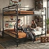 MoproBeti Queen Over Queen Industrial Bunk Beds for Teens or Adults, Heavy-Duty 2 in 1 Metal Convertible Bunk Bed with Ladder and Slats Support,15.9' High Guard Rail,Space-Saving,Noise Reduced,Black