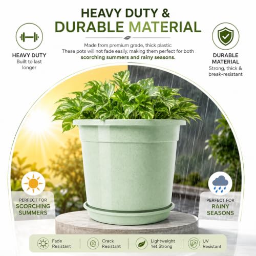 Image of 12 Inch Glossy Plastic Planter with Bottom Plate | Heavy Duty Flower Pot with Tray for Indoor Home Decor, Balcony, Living Room & Outdoor Garden (10 Pot, Mint Sparkle)