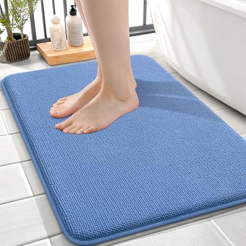 Image of OLANLY Thick Memory Foam Small Bathroom Rugs 24x16, Extra Soft Absorbent Bath Rug, Quick Dry Bath Mat, Non-Slip, Machine Washable Mat for Floor, Tub and Shower, Home Decor Accessories, Cornflower Blue