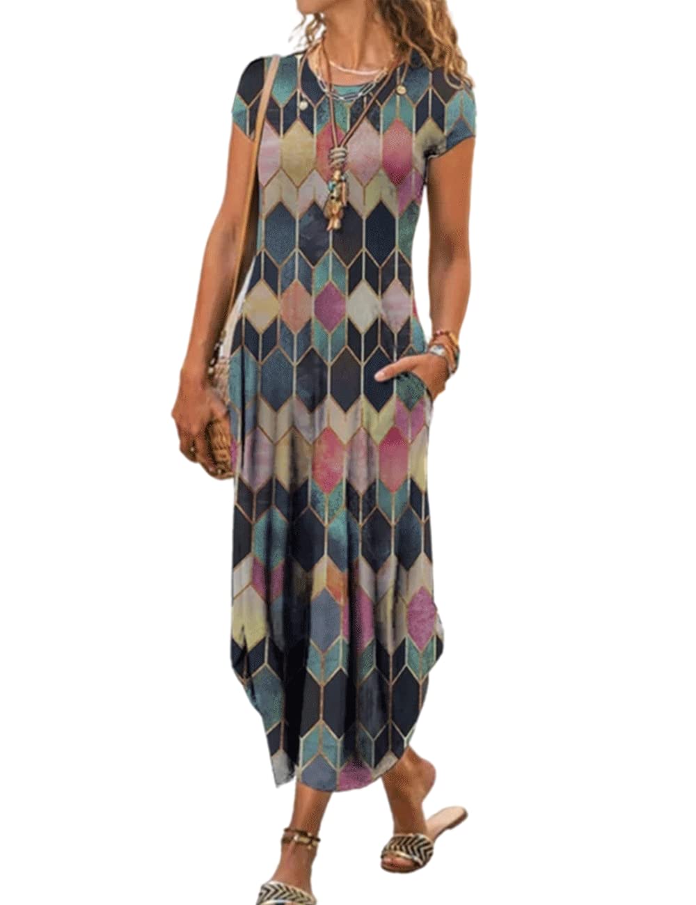 AHAIJWomen Summer Casual Maxi Dress Floral Printed Loose Pockets Short Sleeve Split Boho Dresses