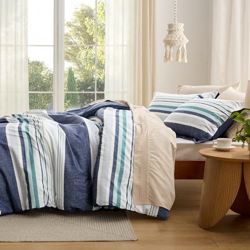 Image of Bedsure Twin /Twin XL Comforter Set - Twin Extra Long Comforter Set for Boys, Striped Dorm Bedding, 2 Pieces, 1 Soft Reversible Blue Comforter and 1 Pillow Sham