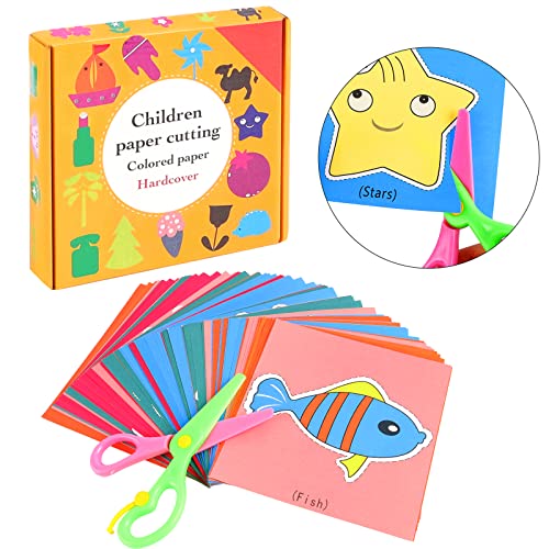 Juego de corte de papel para niños, 2 unidades de tijeras de plástico de seguridad para niños, con 96 hojas de papel con frutas de animales, tijeras para manualidades, tijeras de papel, habilidades