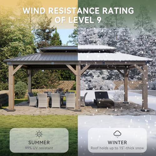 Image of Aoxun 20' x 12' Outdoor Wood Gazebo, Hardtop Gazebo Permanent Wooden Pavilion with Galvanized Steel Double Roof, and 19.7 FT Power Outlet,for Backyard, Garden, Deck, Cedar Wood, Grey