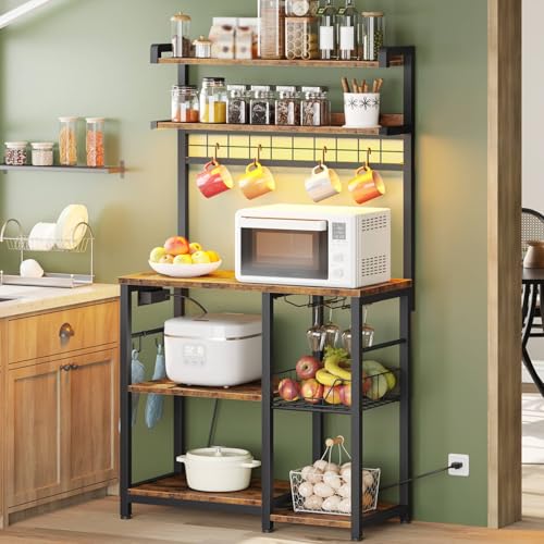 HOOBRO Bakers Rack with Power Outlet, Microwave Stand with 6 S-Shaped Hooks, 5 Tiers Coffee Bar with LED Light, Kitchen Storage Shelf with Wire Basket & Wine Holders, Rustic Brown and Black BF21UDHB01 - Standing Baker's Racks - view 1
