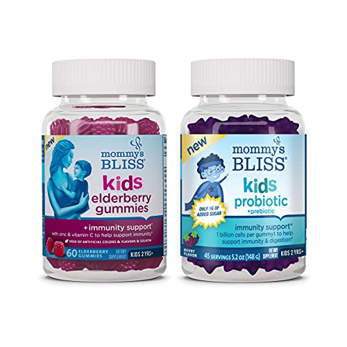 Image of Mommy's Bliss Kids Elderberry Gummies 60 Count (Pack of 1), and Kids Probiotic + Prebiotic Gummies 45 Count (Pack of 1), Support Kids Immunity and Healthy Digestion