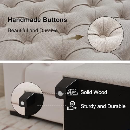 Image of 51 inch Storage Ottoman for Bedroom & Living Room, End of Bed Bench with Black Wooden Legs, Linen Upholstered Tufted Ottoman, Entryway Storage Bench, Beige