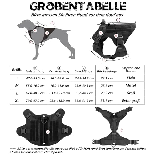 rabbitgoo Hundegeschirr Grosse Hunde mit Taktisches MOLLE und Metallschnallen ohne Zug, Verstellbare Sicherheitsgeschirr mit Griff, Atmungsakti Brustgeschirr, Gepolstert Hundeweste, M Schwarz