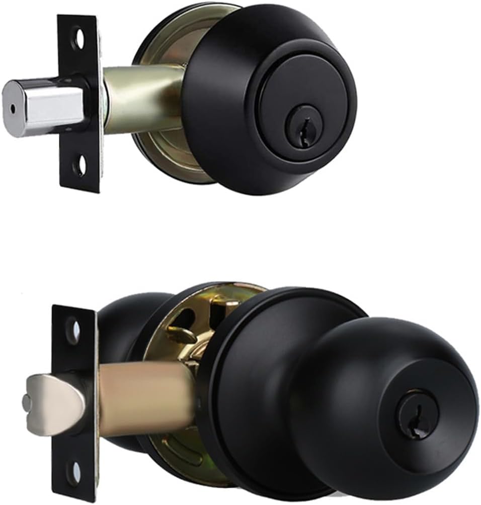 Exterior Door Knobs Exterior Door Lock Set with Deadbolt, Single Cylinder Deadbolt Door Locks with Keys, Keyed Alike,Matte Black Door Knob and Deadbolt(1Pack)