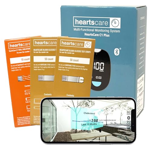 HeartsCare C1 Plus Total Cholesterol Meter Test Kit at Home with TC 10 count and BG 100 count with 3D bluetooth HeartsHome app