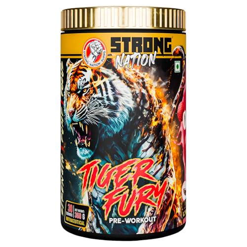 Image of Strong Nation Tiger Fury Pre Workout Powder 360g | High Energy, Pump & Focus Formula | Beta Alanine, L-Citrulline, Creatine & Caffeine | Pre Workout Supplement for Gym Performance (Lychee)