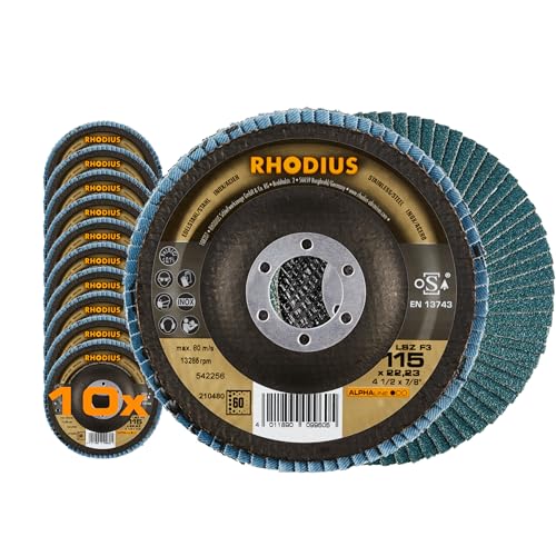 RHODIUS LSZ F3, 10 Stück Ø 115 mm K60 Fächerscheiben, Made in Germany, Metall Schleifscheibe für Winkelschleifer, Lamellenscheibe, Fächerschleifscheiben