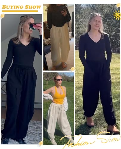 Image of Women's Linen Balloon Barrel Beach Pants Boho Harem Flowy Drawstring Casual Loose Pants with Pockets
