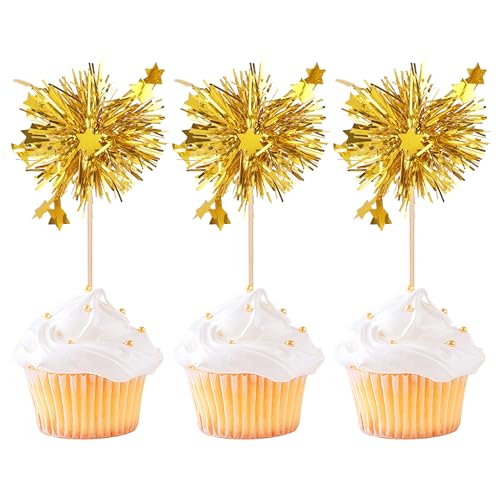 Rsstarxi 30 Pack Gold Firework Cupcake Toppers Birthday Cupcake Toppers Sparkle Tinsel Flower Drink Stirrers Cocktail Toothpicks for New Years Valentine's Day Party Cake Decorations