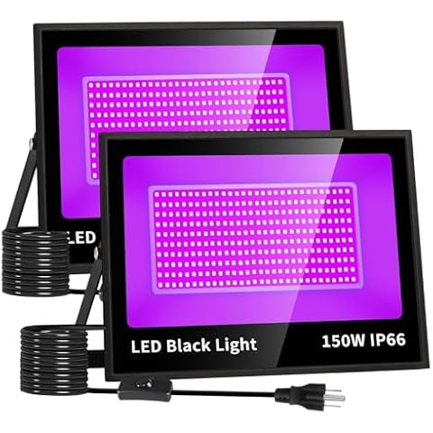 THECHAM 2 Pack Waterproof 150W LED Black Lights con 10ft Cord, Outdoor Blacklight Floodlight for Glow Party, Light Up 52x52ft, Flood Light in Dark for Christmas, Birthday, Fluorescent Poster Cover