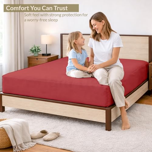 Image of 100% Waterproof Mattress Protector King Size Bed 72x84 Inch, Non Woven Fabric Fitted Mattress Cover with Elastic, Waterproof Bed Protector, Hypoallergenic, 10 Inch Deep Pocket - Maroon