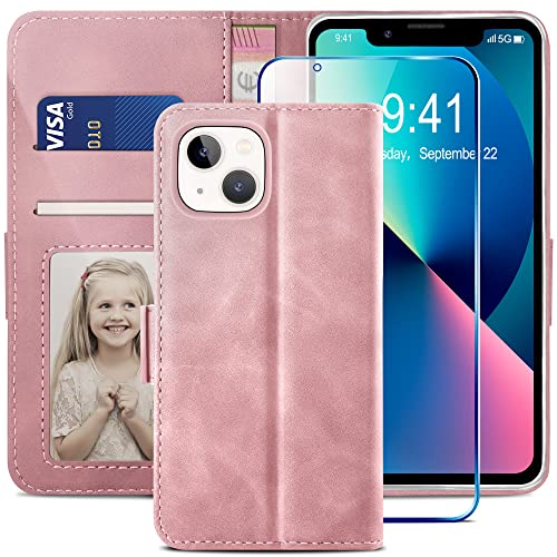 Housse en cuir premium PU portefeuille Rose pour iPhone 13 avec verre de protection