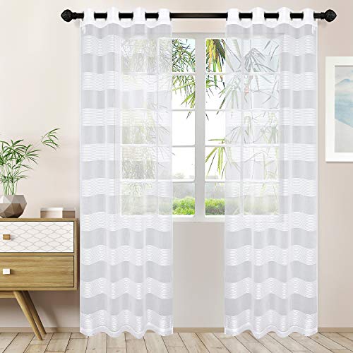 Superior Dalitso Rope Sheer Curtains, Window Accents, Braided Rope, Stripe, Textured, Traditional, Modern, Transitional Design with Stainless Grommets, Curtain Set of 2 Panels, 52" x 63", White