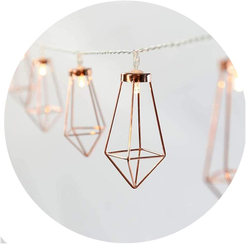 Rose Gold Geometric Boho LED Bedroom Fairy Lights Battery Powered Metal Cage String Lights Paris For Wedding Rose Gold Party Bridal Shower Gift Valentine's Day Wall Bedroom Deco Lamp 10 lights (Warm W