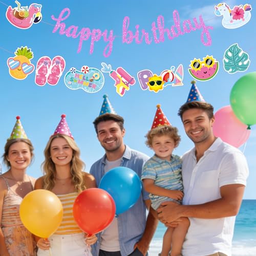 Image of Summer Happy Birthday Banner for Pool Party Decoration Supplies | Beach Hawaii Luau Tropical Garland, Pink, Paper