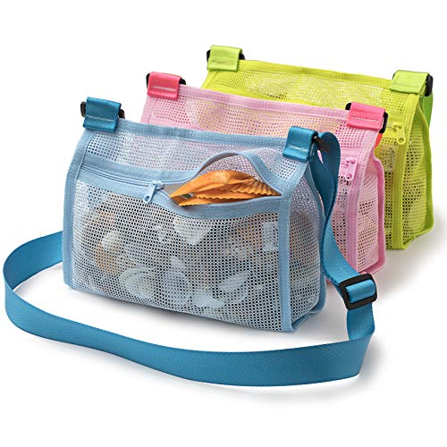 Tenrai Seashell Mesh Tote, Shell Bag, Beach Toy Bag, Toy Bags, Kids Sandboxes, Nets Bag (Blue & Pink & Green, 3 Packs)