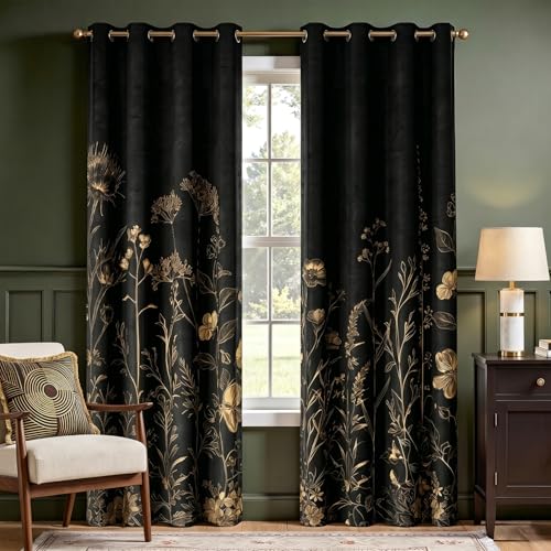 Aeivice Black and Gold Blackout Curtains Boho Vintage Floral Curtains Dark Aesthetic Wildflower Botanical Flowers Grommet Drapes 2 Panels Farmhouse Bedroom Living Room Decor 52X84 Inch