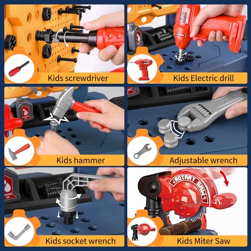 Image of Jovow Kids Tool Bench with Realistic Tools and Electric Drill, Suitable for 3-5 Year Olds to Build Their Own Toy Workbench, 79 Pcs Realistic Toy Tools with Clothes, 32 x 26.6 x 14.4 in-Blue