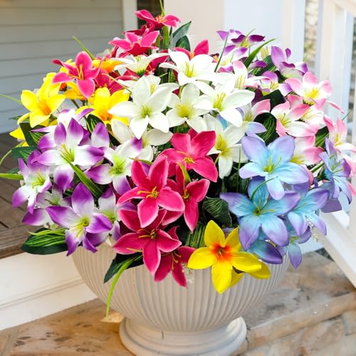 Guagb Artificial Fake Flowers for Outdoor Decoration 8 Bundles UV Resistant Artificial Lily Silk Flowers Faux Flowers for Front Porch Patio Garden Window Box Planter Indoor Outside Decor (6 Colors)