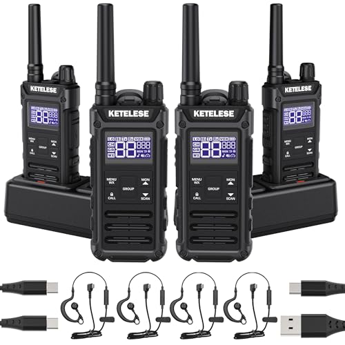 Image of KETELESE T3G IP67 Waterproof Walkie Talkies Rechargeable, Heavy Duty 2 Way Radios with Earpiece and Mic, Dock, USB, NOAA Weather Alert, Group PTT (4 Pack), Black /Grey