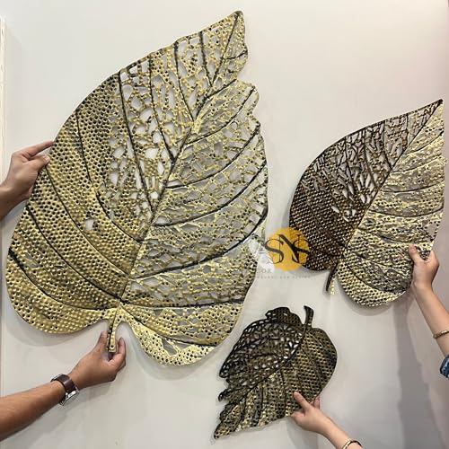 Image of SNS Decor Metal Leaf Set of 3 (Color- Brass Antique) Wall Art Decorations | Modern Luxury Metal Wall Art Decor For Home, Restaurant, Hotel & Office (Design-092)