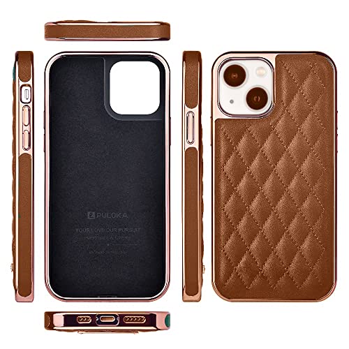 Image of PULOKA iPhone 14 Plus Vegan Leather Back Cover Royal Diamond Pattern with Electroplated Case Compatible for Apple iPhone 14 Plus 6.7 inchinch - Brown