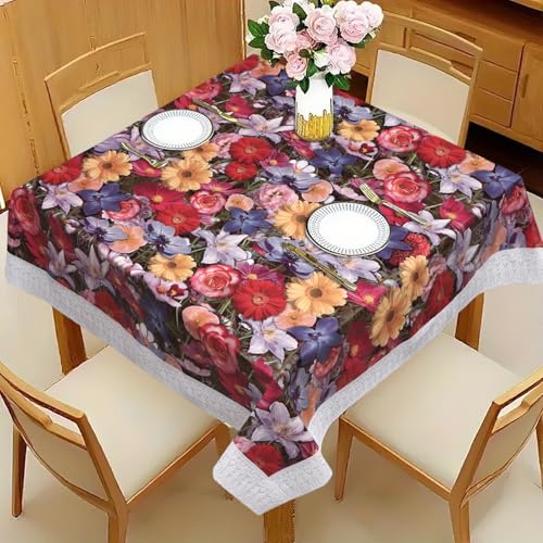 Image of Dakshya Industries PVC Waterproof Square Table Cover 48x48 Inch for 4 Seater Dining Table | Floral Printed Oilproof Stain Resistant Washable Plastic Table Cover, Math