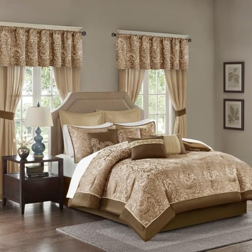Image of Madison Park Essentials Brystol 24 Piece Room in a Bag Faux Silk Comforter Jacquard Paisley Design Matching Curtains Down Alternative Hypoallergenic All Season Bedding-Set, King(104 inchx92 inch), Brown | Matching Curtains Room in a Bag, Down Alternative Bedding Set, All Season, Machine Washable, Wrinkle Resistant, Ultra Soft