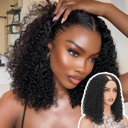 V Part Curly Bob Wig Human Hair 250% Density Upgrade U Part Wig with Drawstring No Leave Out Glueless V Shape Full Head Clip In Half Wig Kinky Curly Human Hair Wig for Black Women Natural Color 12Inch