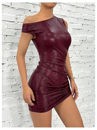 Milumia Women's Off Shoulder Pu Leather Mini Dress Sexy Drawstring Ruched Party Club Short Dresses2