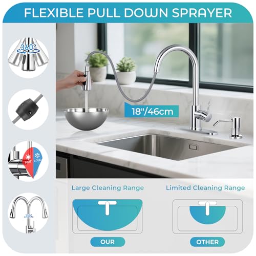 Image of Pull Down Kitchen Faucet with Soap Dispenser - Polished Chrome Single Handle Kitchen Faucets, High Arc Stainless Steel Pull Out Kitchen Sink Faucet with Deck for RV Laundry Farmhouse Bar